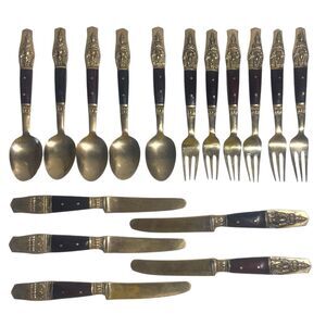 Vintage Siam 16pc Demitasse Dessert Flatware Set Bronze Nickel Rosewood Thailand